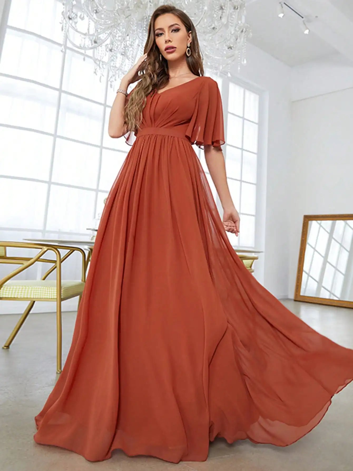 V Neck Flared Short Sleeve Lightweight Chiffon Dress