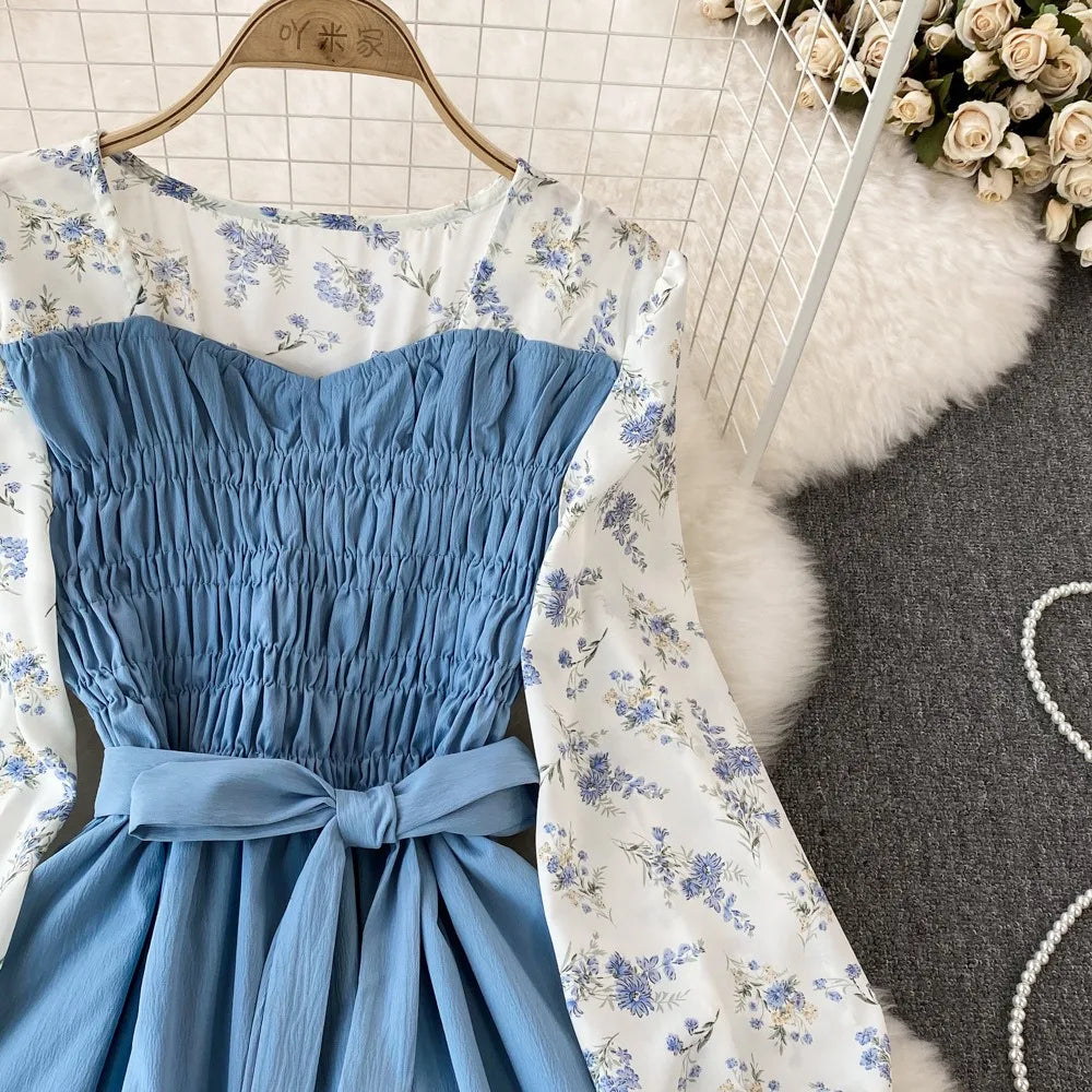 Floral Print Long Sleeve Womens Dress Vintage Bandage Waist