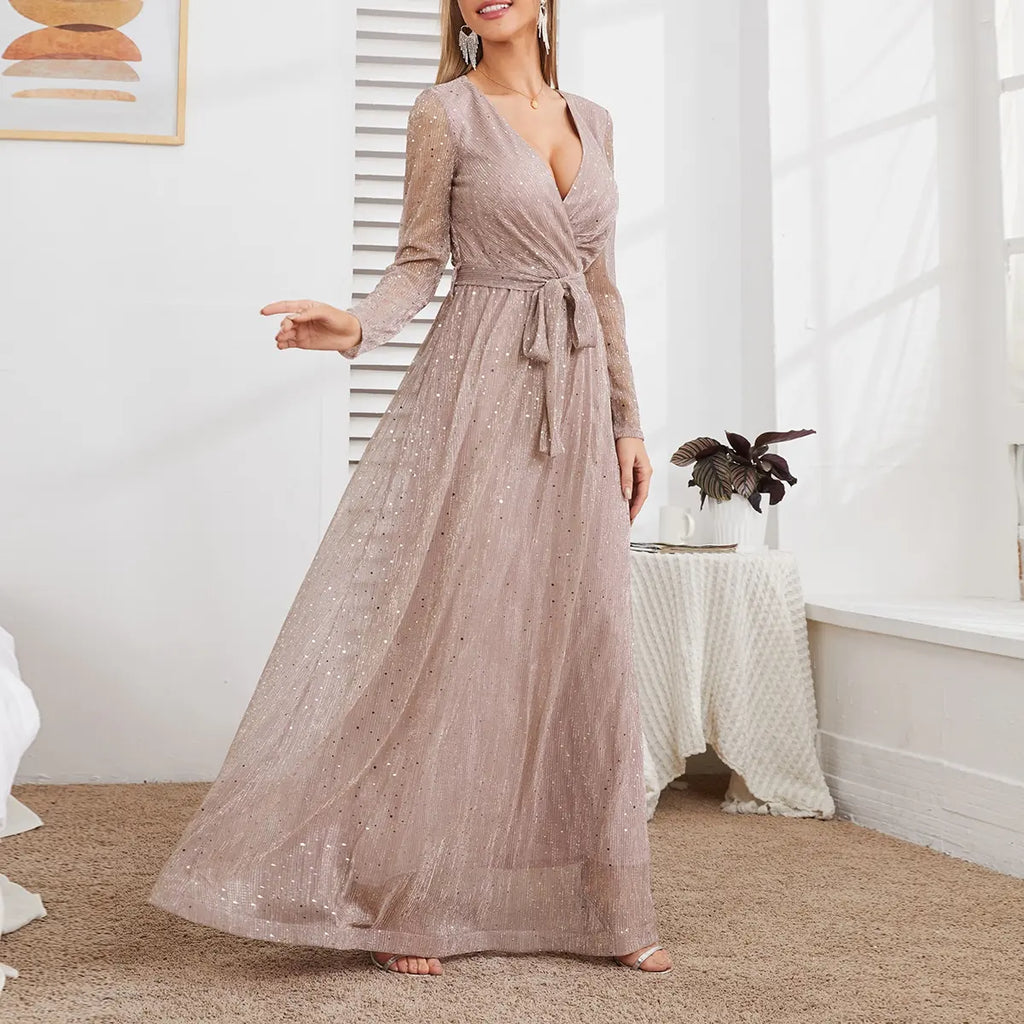 V Neck Mesh Glitter Gold Dress With Elegant Long Sleeves
