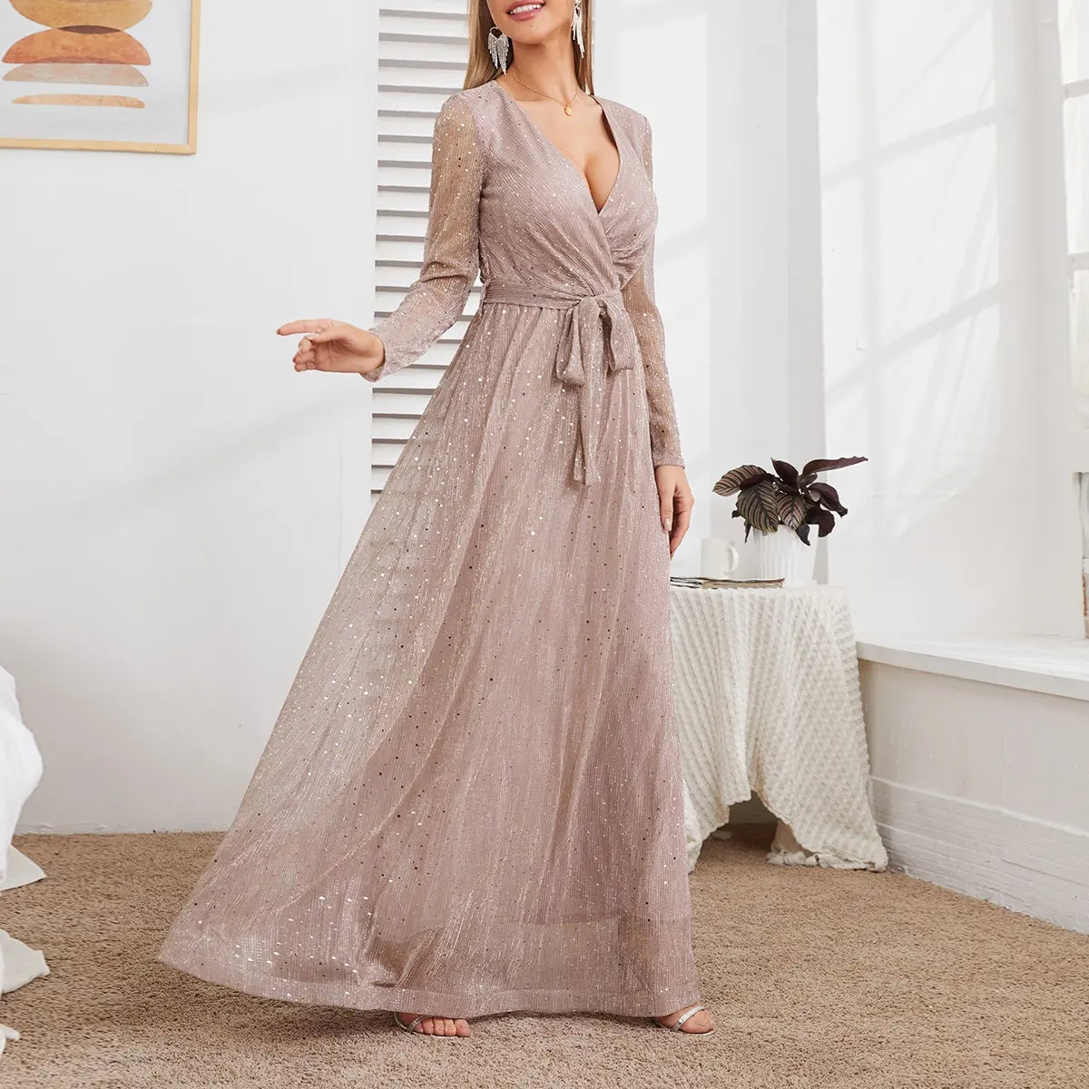 V Neck Mesh Glitter Gold Dress With Elegant Long Sleeves