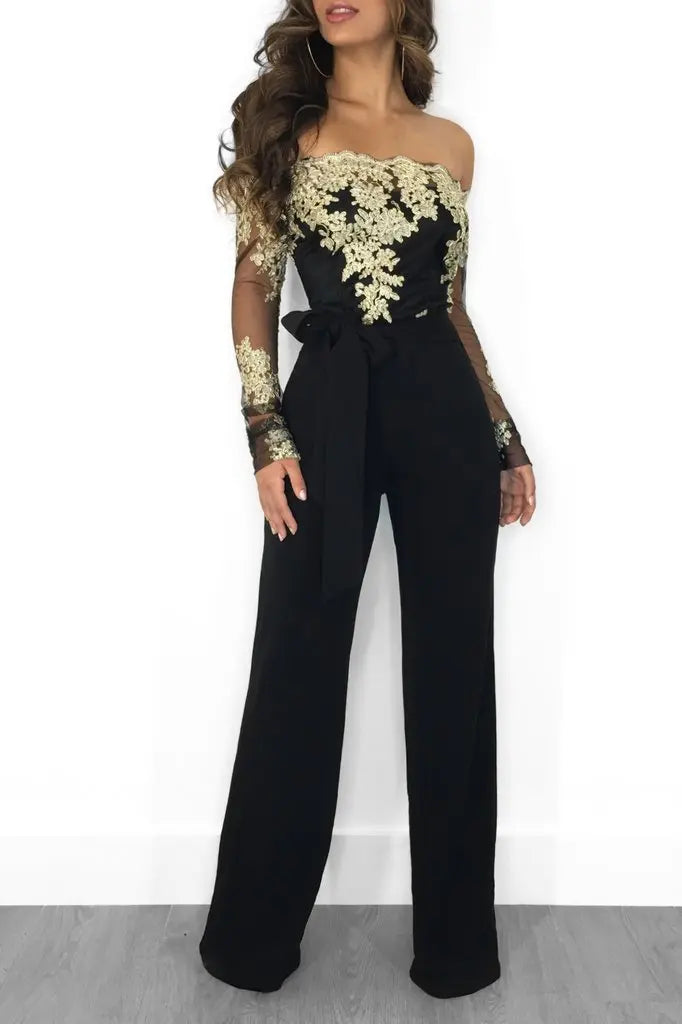 Appliques Lace Patchwork Off Shoulder Jumpsuit for Women with Slash Neck Long Sleeve and Elegant Wide Leg Pants Party Overalls