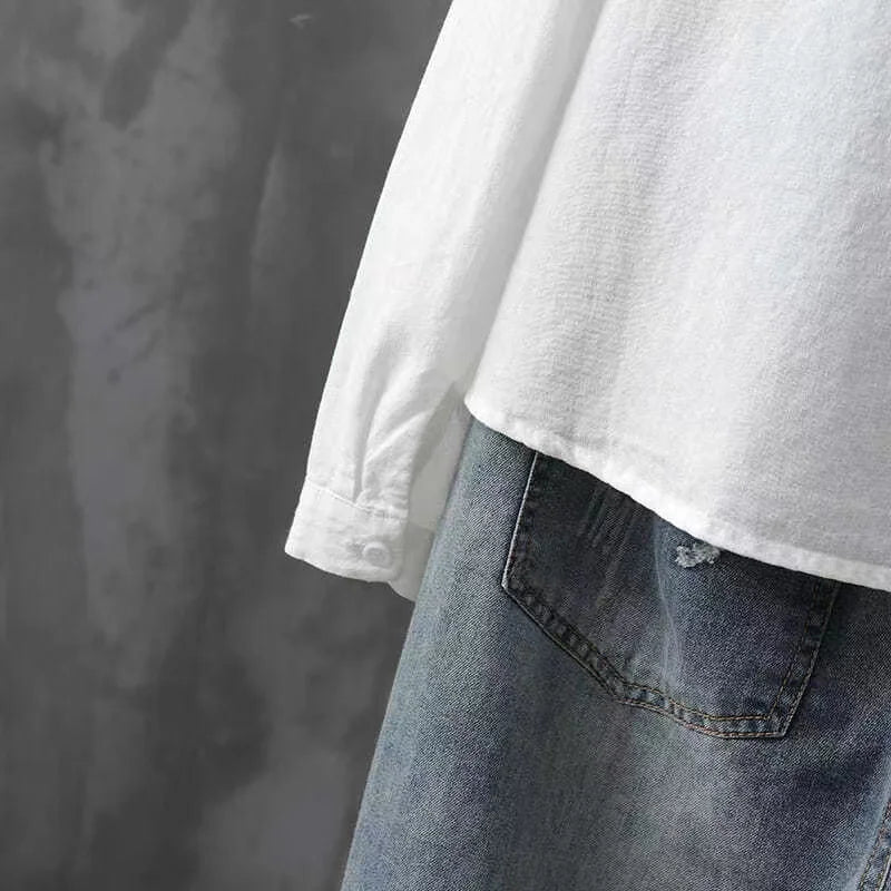 Cotton White Embroidered Long Sleeve Women's Shirt with Lapel Collar and Button Detail Casual Fashion Blouse for Everyday Wear