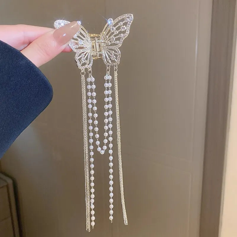 Butterfly Hair Clip With Long Tassel And Imitation Pearl Rhinestone For Elegant Women's Hair Accessories