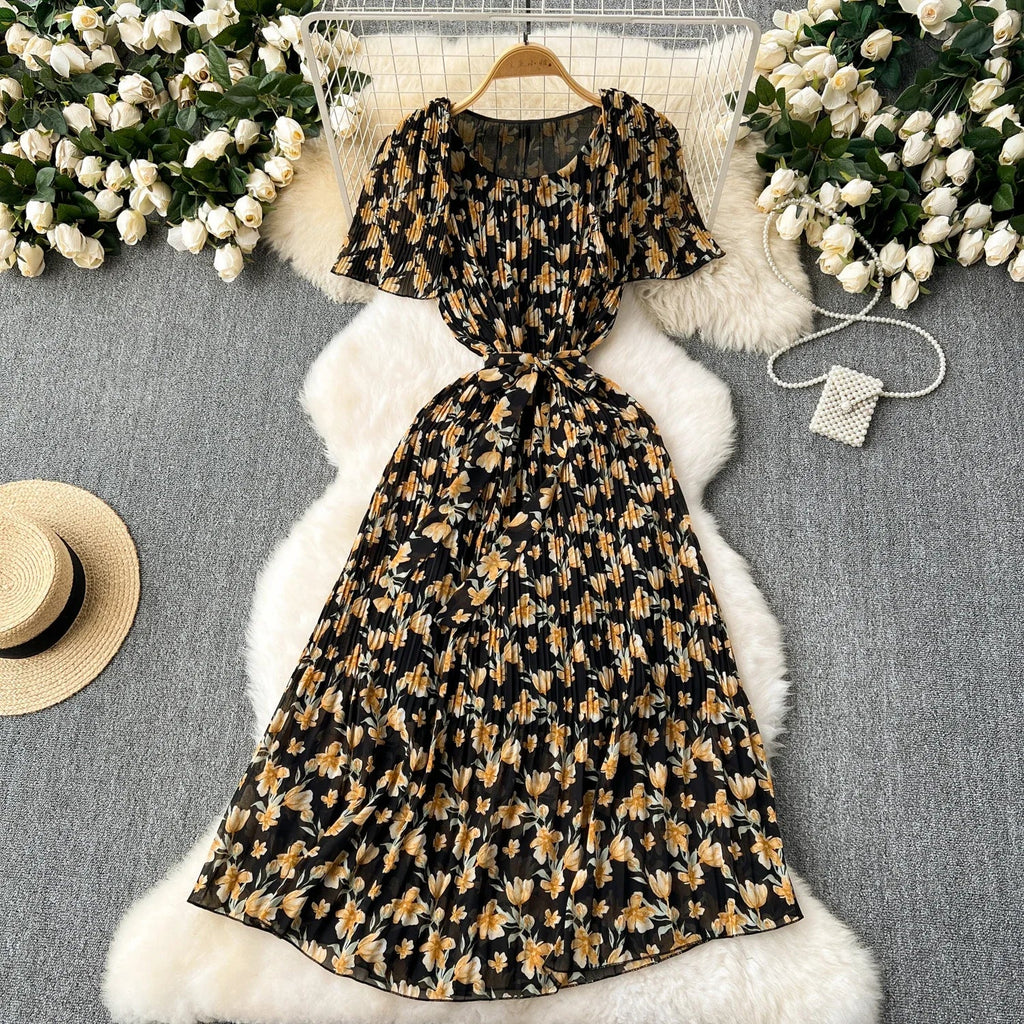 Retro Floral Chiffon Midi Dress With Ruffle Details