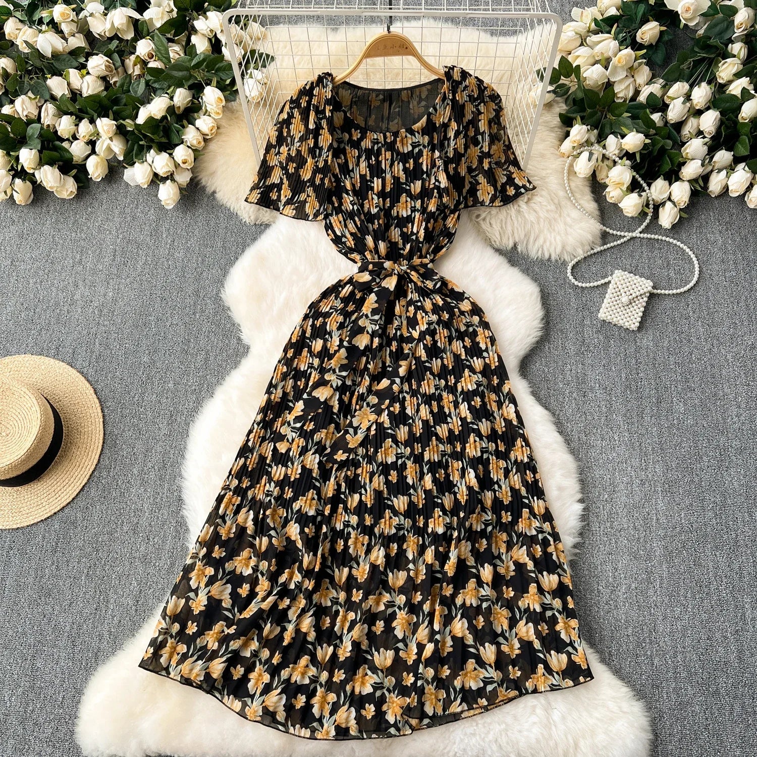 Retro Floral Chiffon Midi Dress With Ruffle Details