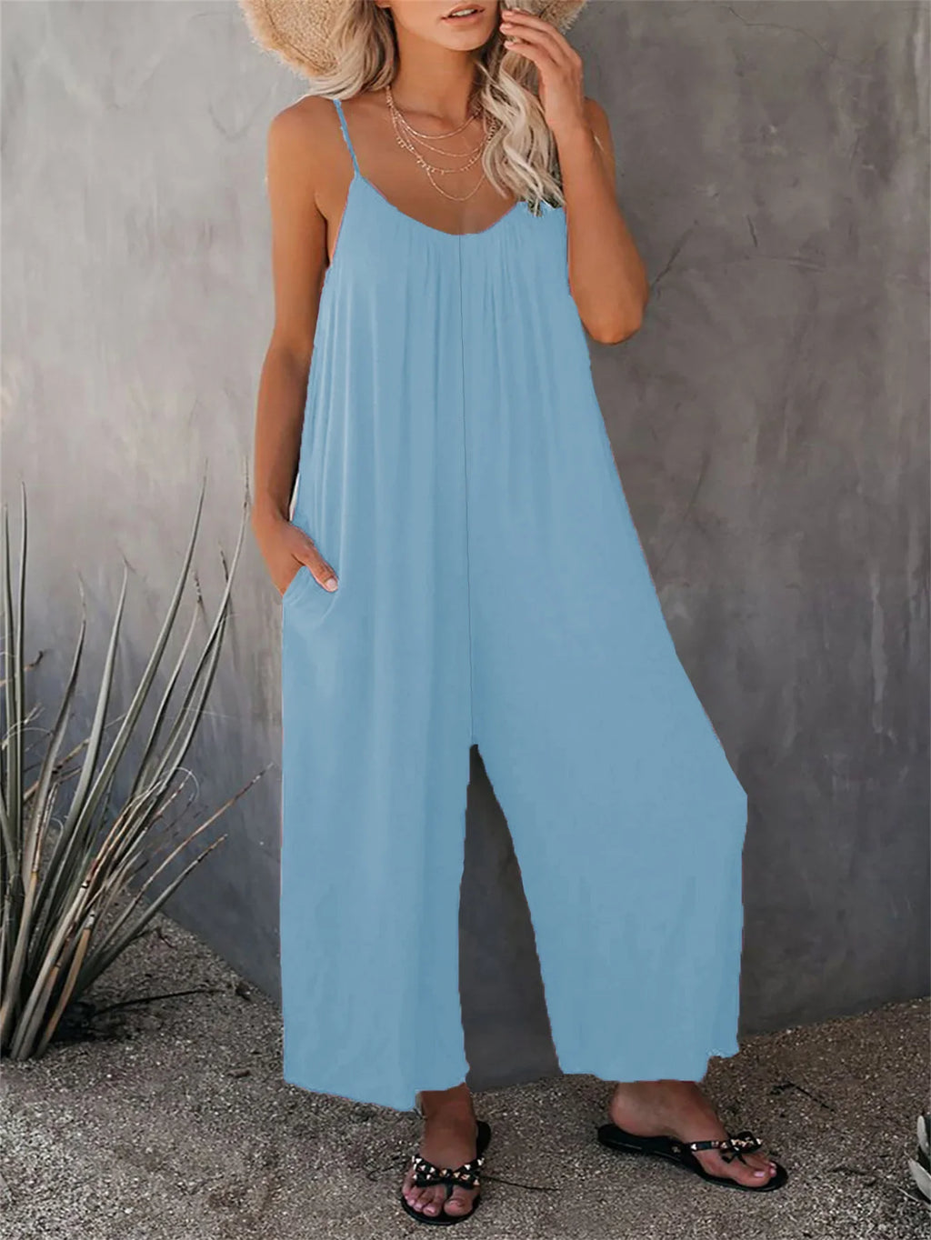 Women's Summer Strap Jumpsuit with Solid Color Design and Convenient Side Pockets Casual Lightweight Romper