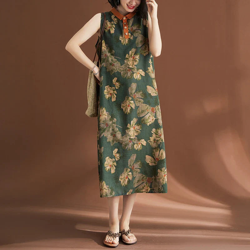 Printed Linen Sleeveless Dress for Women Summer Casual