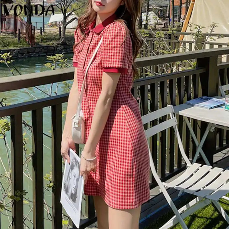 Boho Plaid Mini Dress Puff Sleeve A Line Sundress Style