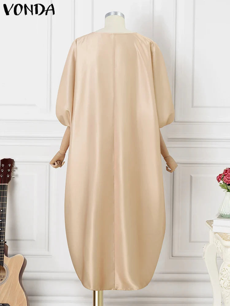 Bohemian Satin Silk Maxi Dress for Women Sundress Casual