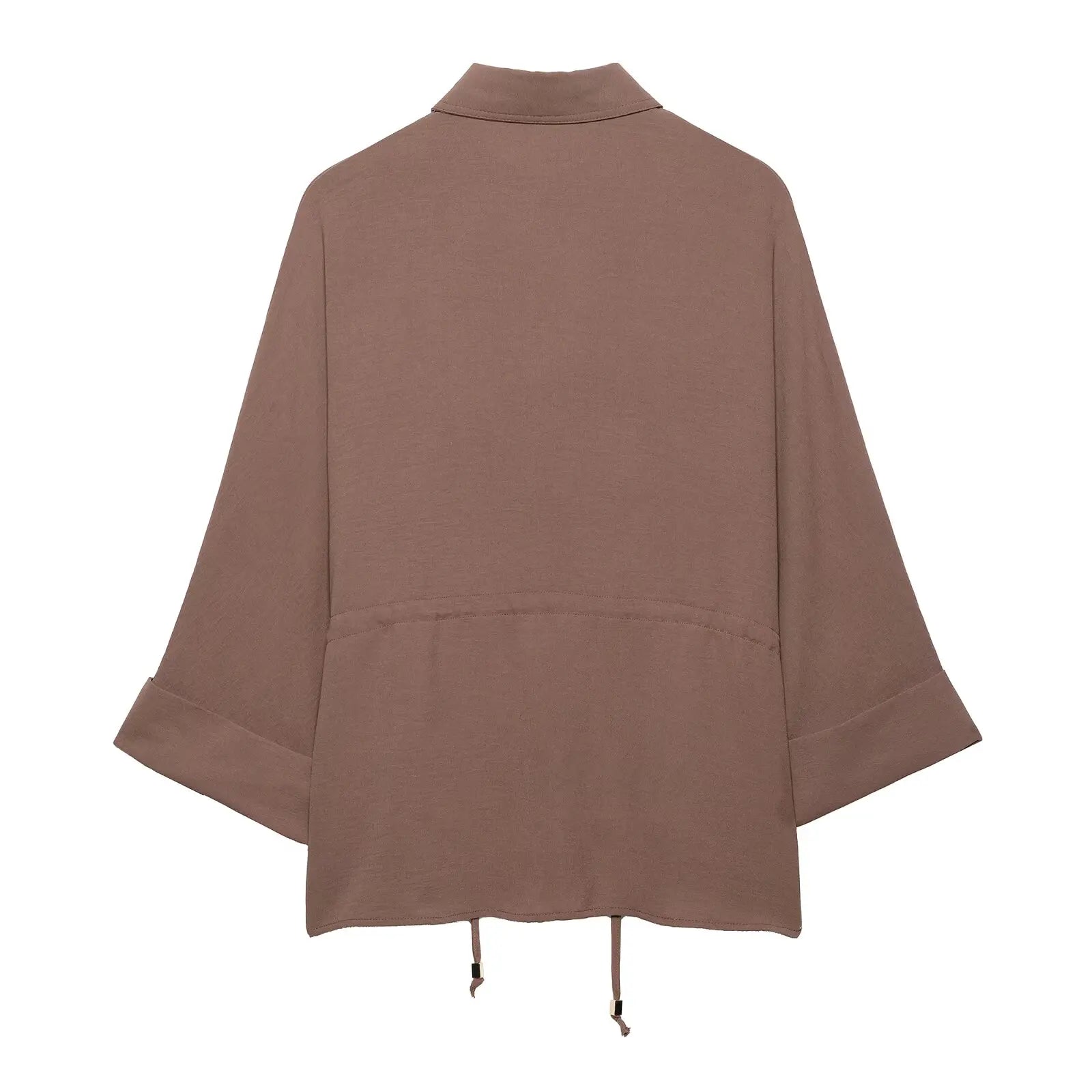 Women Camel Safari Style Flowing Shirt with Drawstring Waist Wide Sleeves and Turn-up Cuffs Casual Blouse for Holiday and Everyday Wear