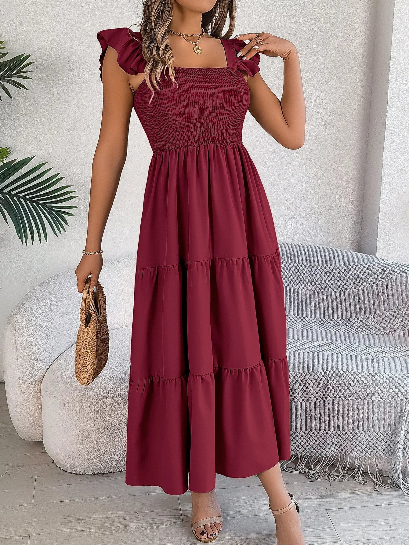 Square Neck Maxi Dress for Women Solid Summer Color
