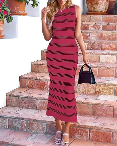 Casual Striped Knitted Midi Dress With Side Slit Summer