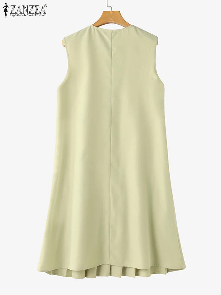 Pleated Button Mini Dress With Tank Sleeveless O Neck