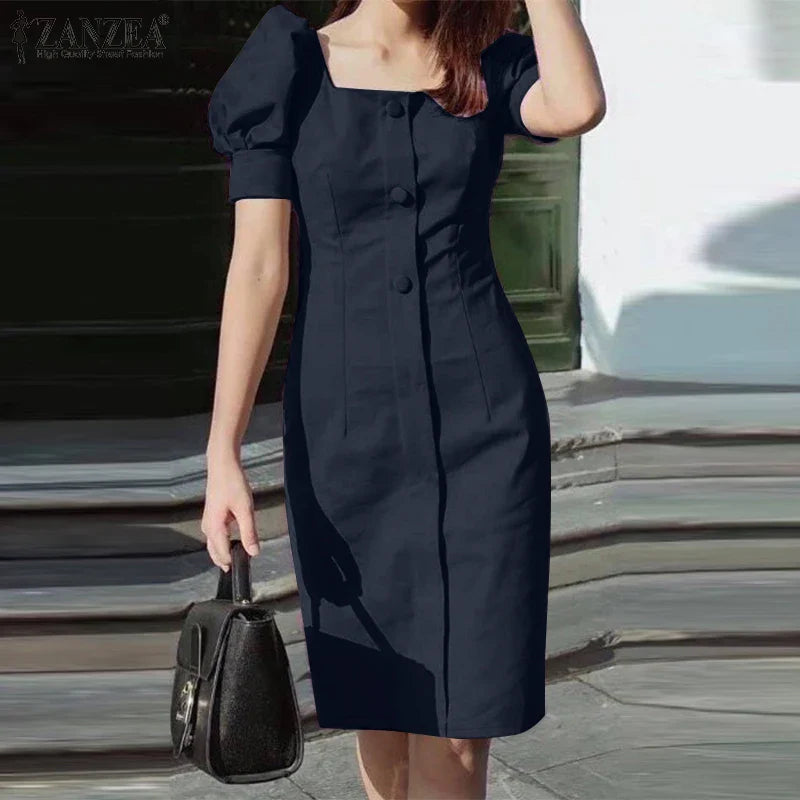 Puff Sleeve Square Collar Sheath Dress For Women Summer