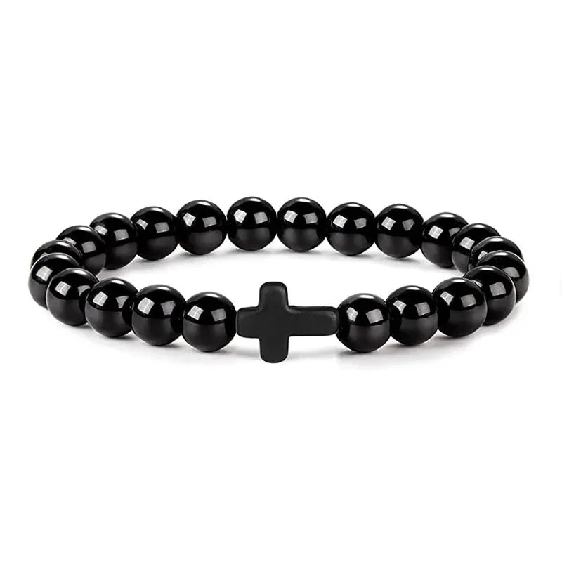 Natural Stone Hematite Cross Bracelet with Onyx and Wood Beads for Men and Women - Meditation and Yoga Jewelry