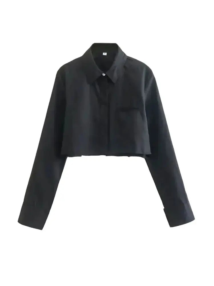 Women's Vintage Loose Cropped Shirt Long Sleeve Front Button Blouse Chic Casual Top