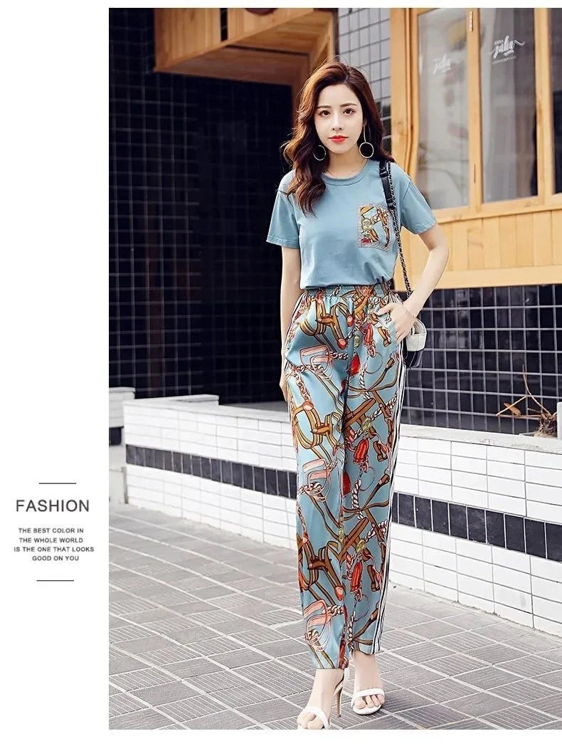 Women's Plus Size Two Piece Suit Set with Short Sleeve Tops and Wide Leg Pants for Casual Summer Fashion