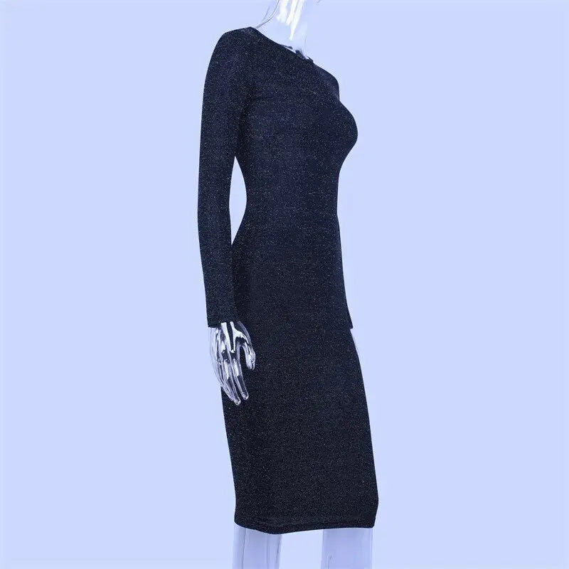 Black Midi Dress Long Sleeve Party Evening Streetwear