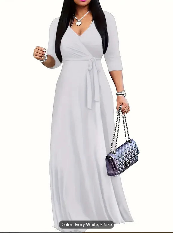 Bohemian Floral Maxi Dress With V Neck Three Quarter Sleeves