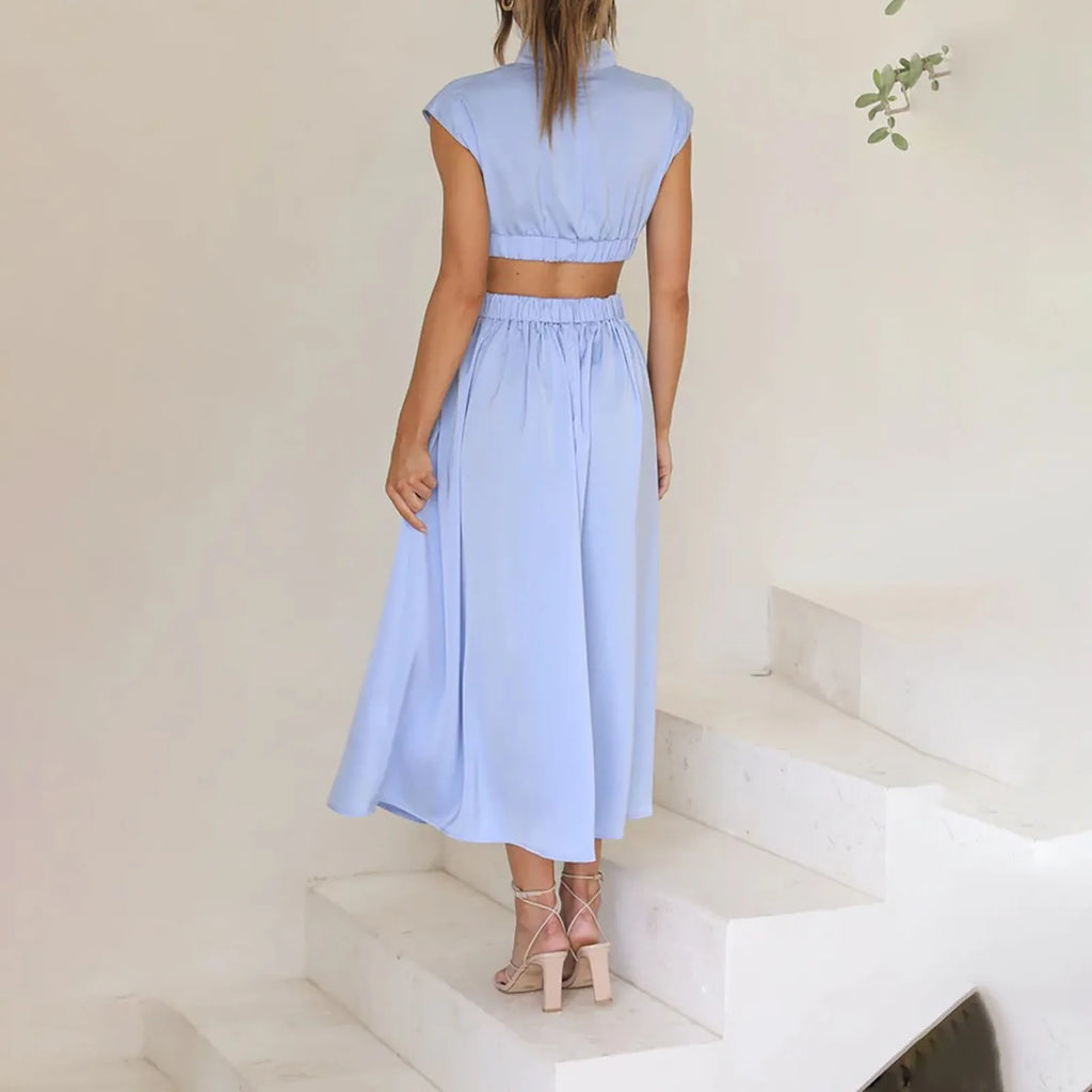 Solid Color High Waist Maxi Dress Sleeveless With Pockets