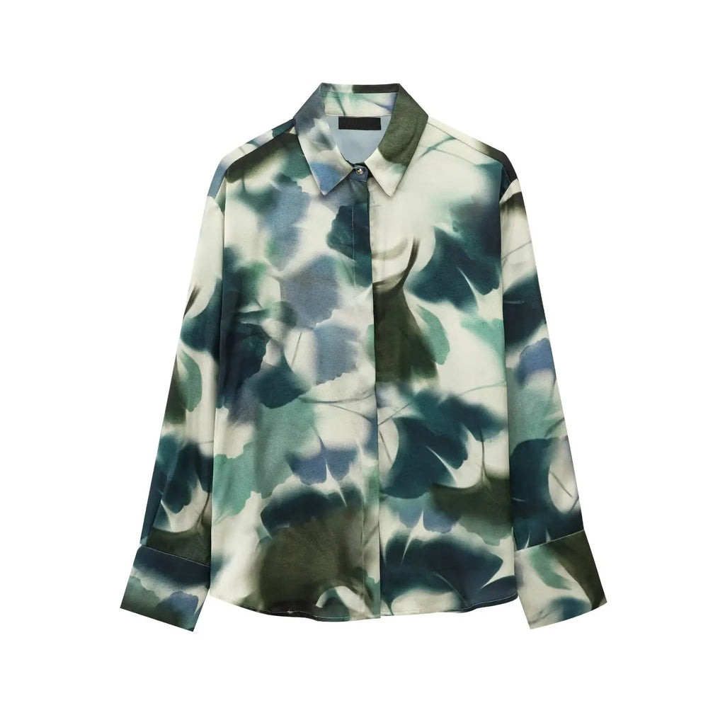 Elegant Printed Silk Satin Lapel Long Sleeve Shirt for Women with Soft Texture and Stylish Fit