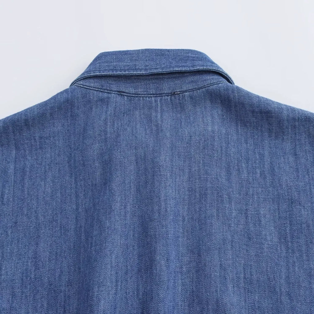 Women's Slim Fit Denim Shirt with Bow Decoration and Wide Leg Loose Long Suit