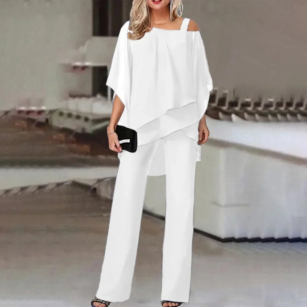 Fashionable Women's Two Piece Set with Bat Sleeve Top and Wide Leg Pants for Casual Parties