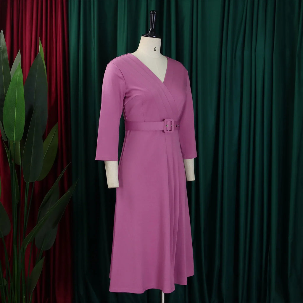 V Neck Office Dress For Women Belted Pleated Mid Calf