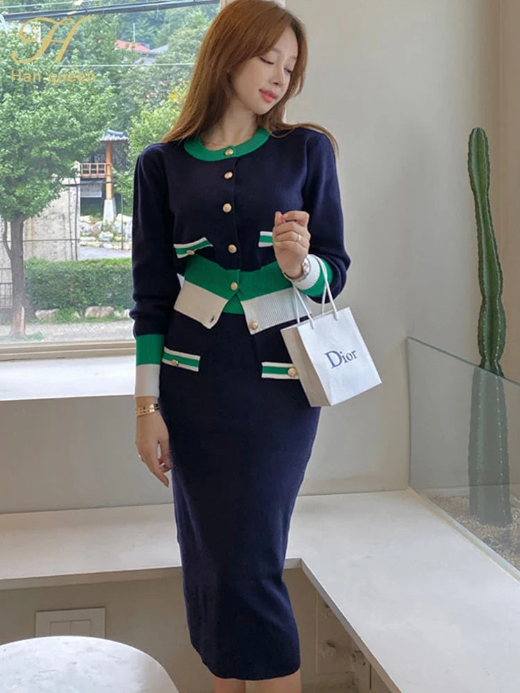 Two Piece Color Block Knitted Pencil Dress Set For Women