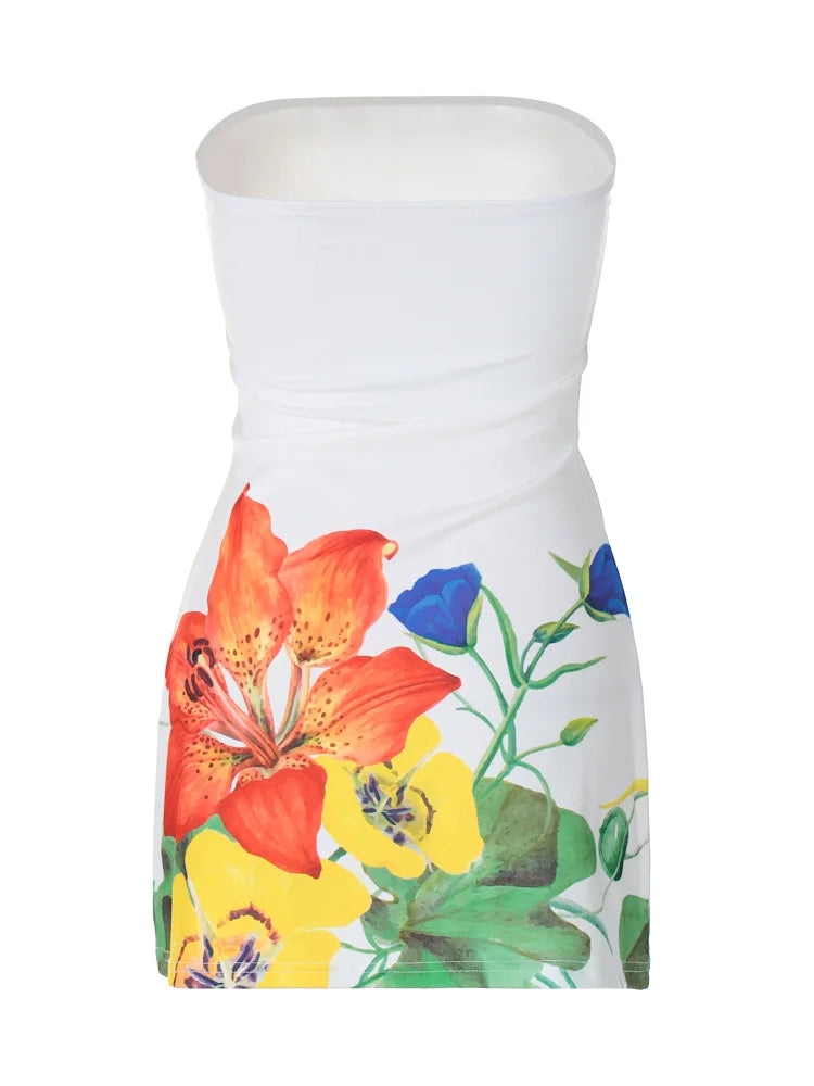 Floral Printed Tube Top Dress With A Line Swing Skirt