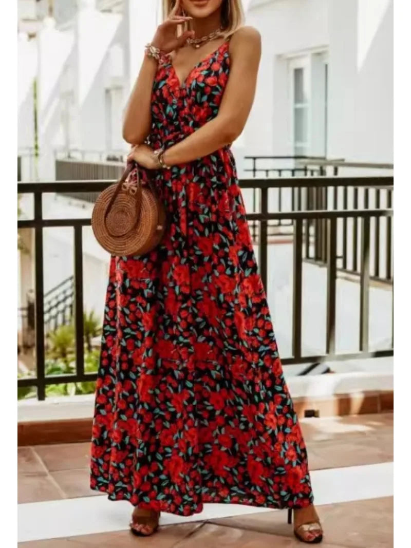 Bohemian Floral Chiffon Summer Dress With V Neckline