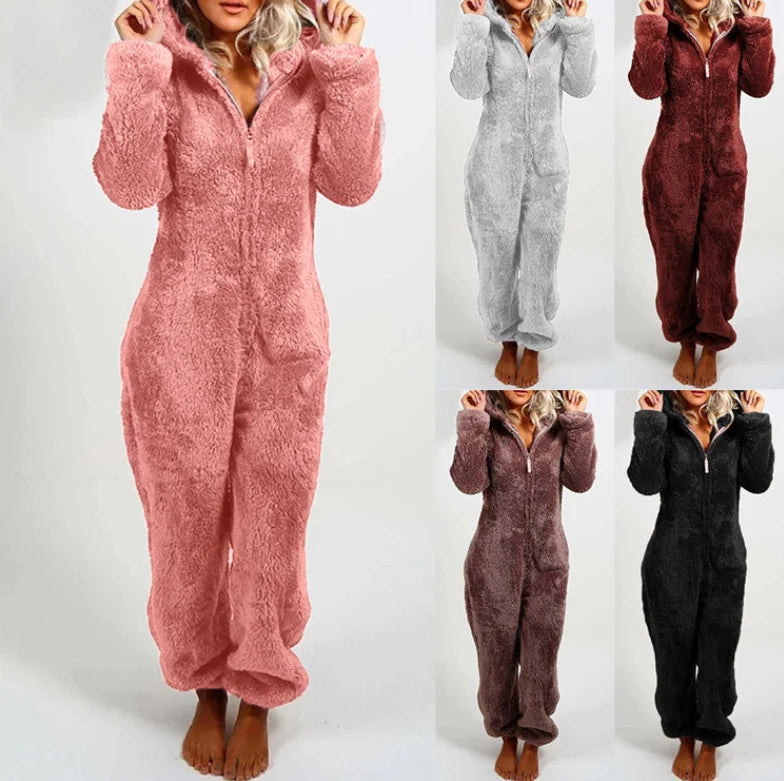 Women's One-Piece Hooded Jumpsuit Thickened Full-Length Overalls Cozy Autumn Winter Wear