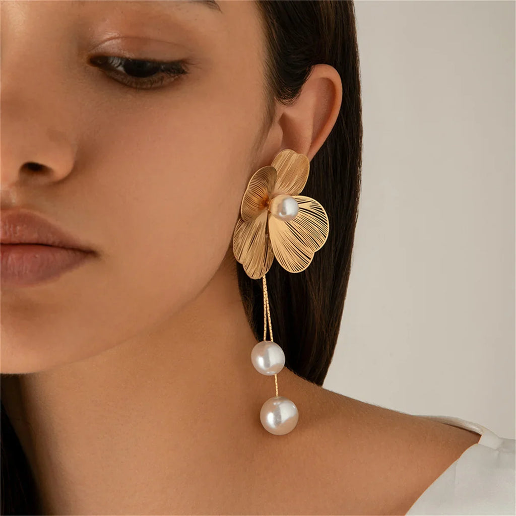 Women's Flower Petal Long Tassel Drop Earrings with Imitation Pearl for Weddings and Special Occasions