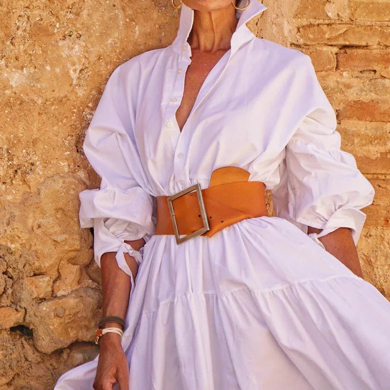 Women Casual Front Button Shirt Dress With Belt Longsleeve