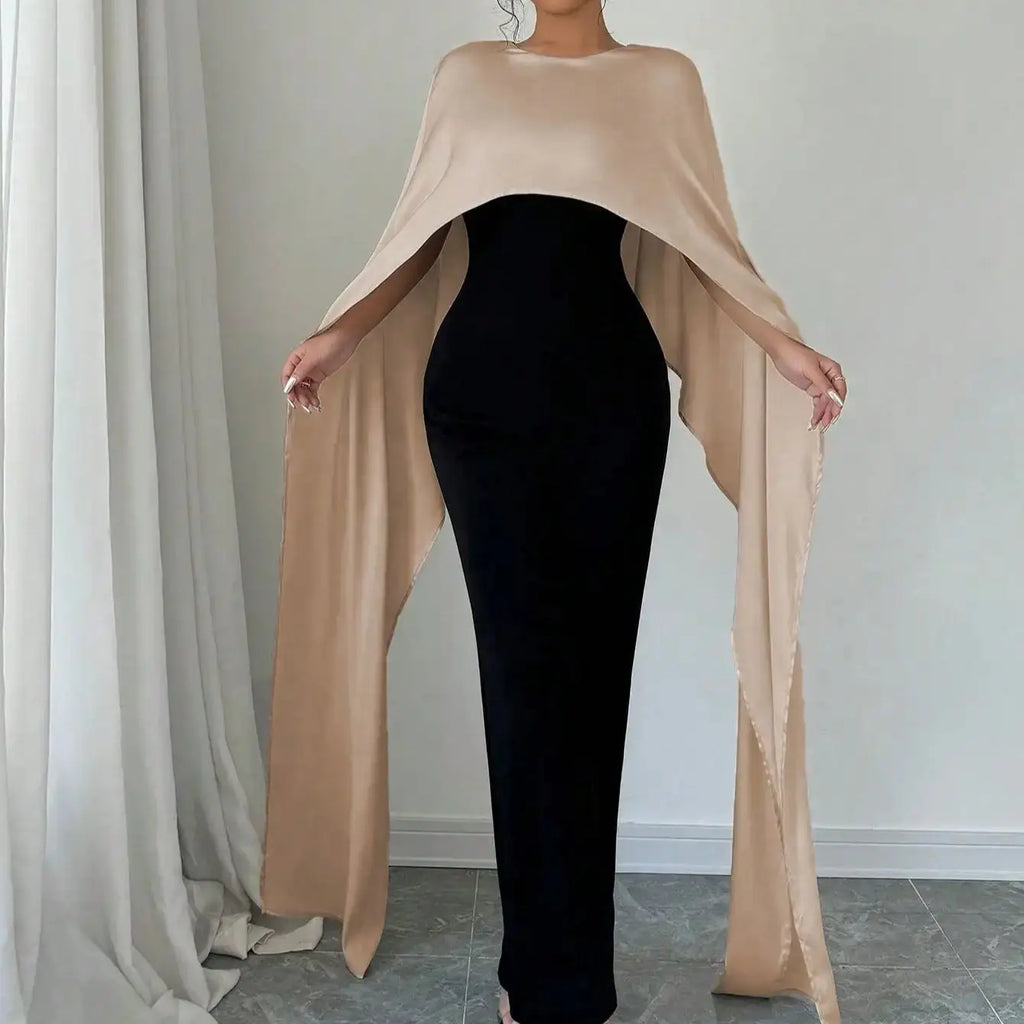 Elegant Womens Autumn Winter Jumpsuit with Fake Two Capes Patchwork Design Round Neck and Back Split
