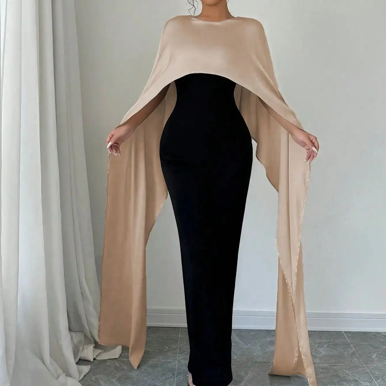 Elegant Womens Autumn Winter Jumpsuit with Fake Two Capes Patchwork Design Round Neck and Back Split