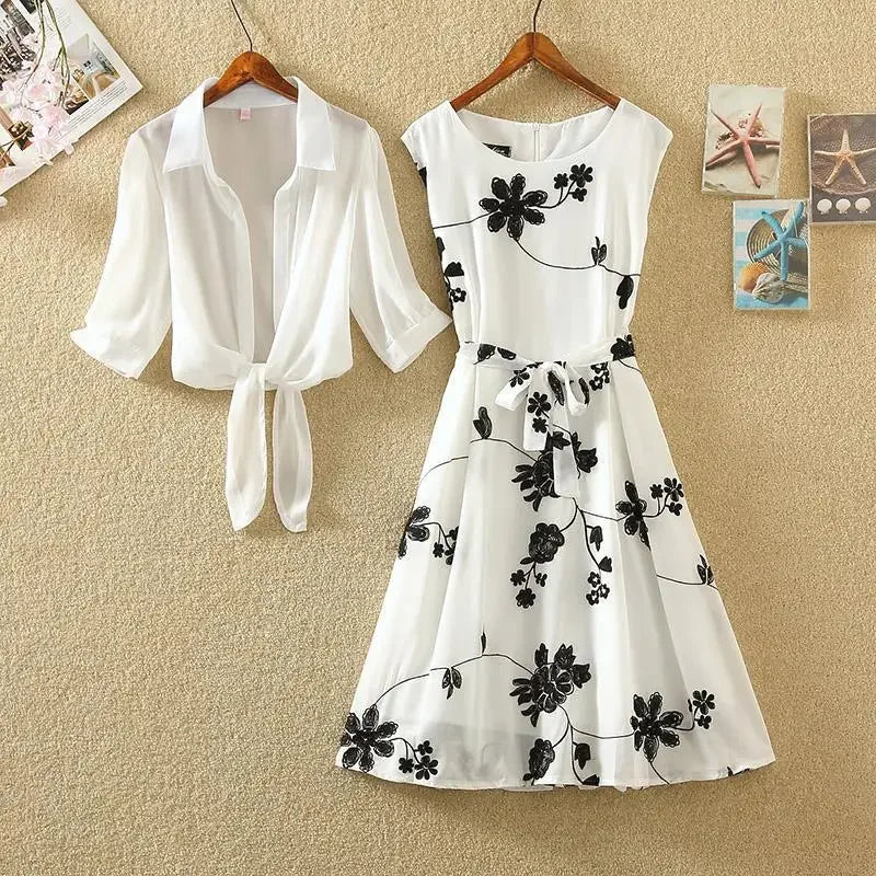 Elegant High Waist Sleeveless Two-Piece Dress with Slim A-Line Skirt Floral Embroidery White Top and Bow Belt Vintage Inspired Women's Suit