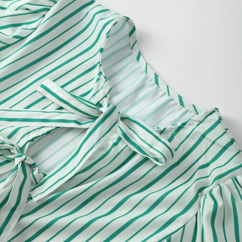 Elegant Women Striped Bow Tie Lace Up Blouse Round Neck Short Sleeve Puff Sleeve Loose Fit Vintage Chic Top for Spring and Summer