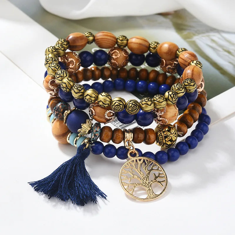 4Pcs Bohemian Tree Of Life Beaded Bracelet Set For Women Handmade Wood Beads Boho Jewelry