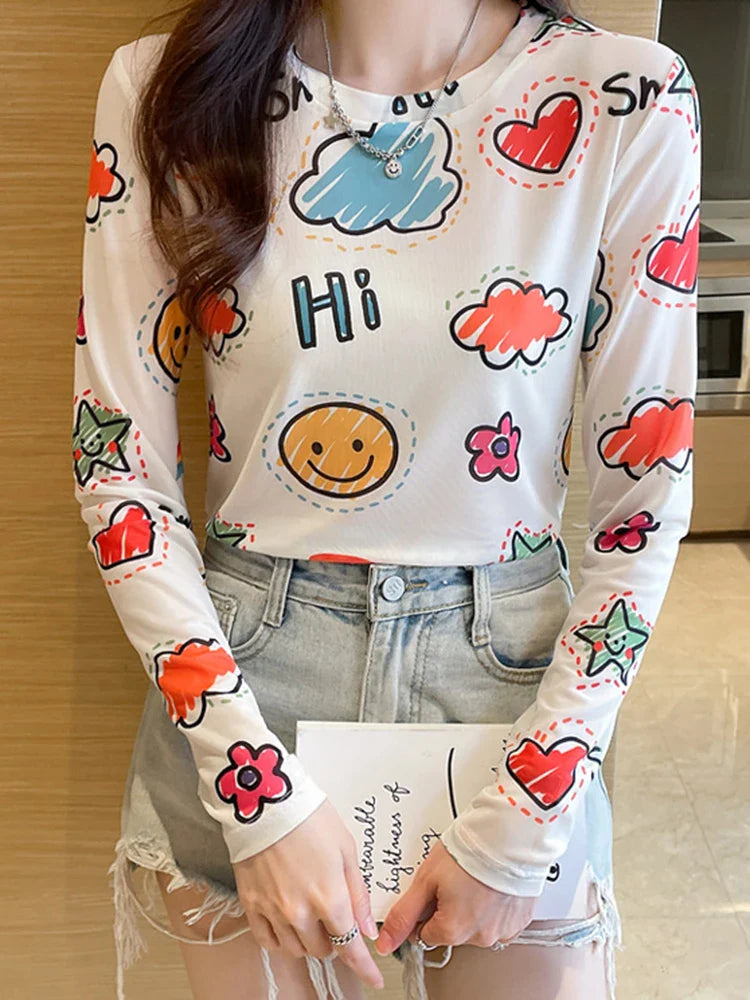 Women's Sexy See-Through Mesh Blouse Long Sleeve Transparent Elegant Printed Shirt Fashion Top