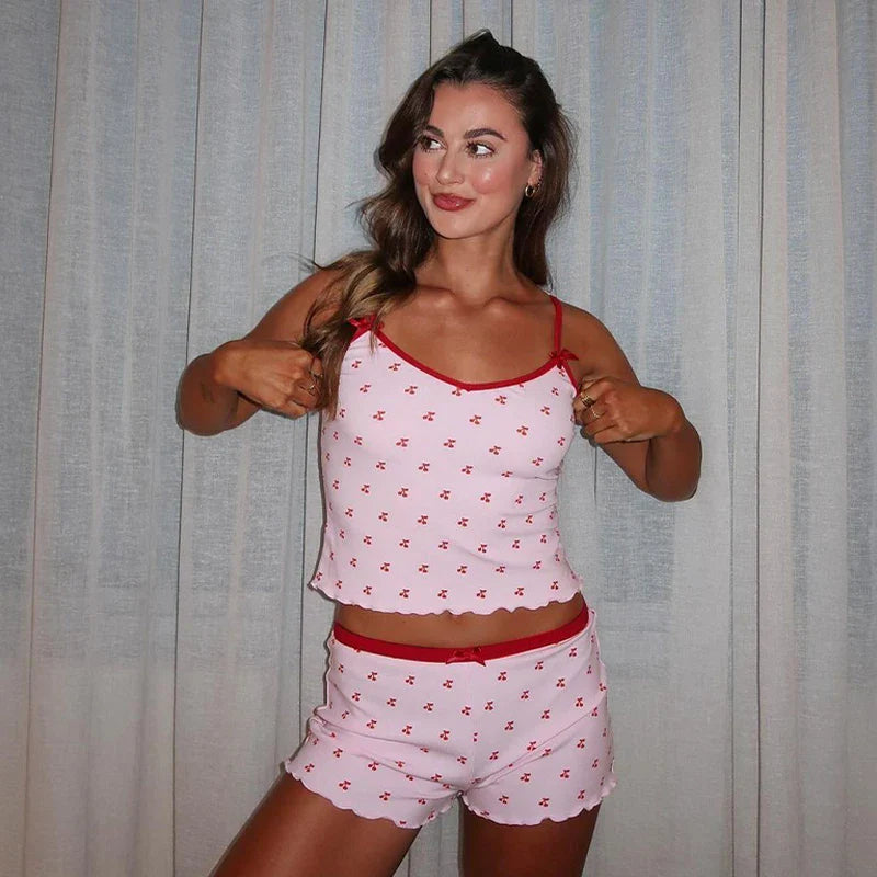 Cherry Print Two-Piece Matching Set with Slim Crop Camisole Top and Bow-Accent Shorts Summer Casual Festival and Workout Outfit for Women