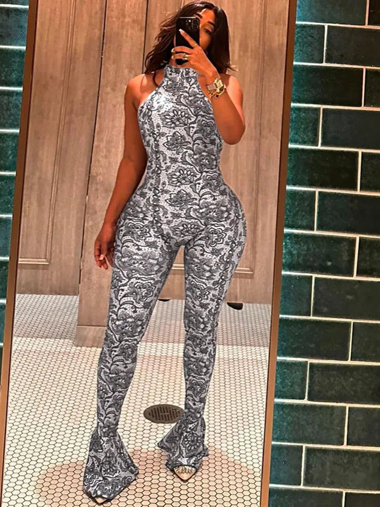 Attractive Y2K Women Jumpsuit Fashion Print Halter Neck Backless High Collar Off Shoulder Overalls for Nightclub Party