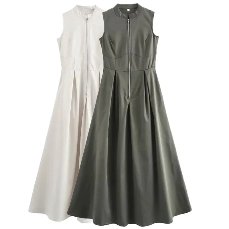 Sleeveless Pleated Maxi Dress With Zip Front And High Waist