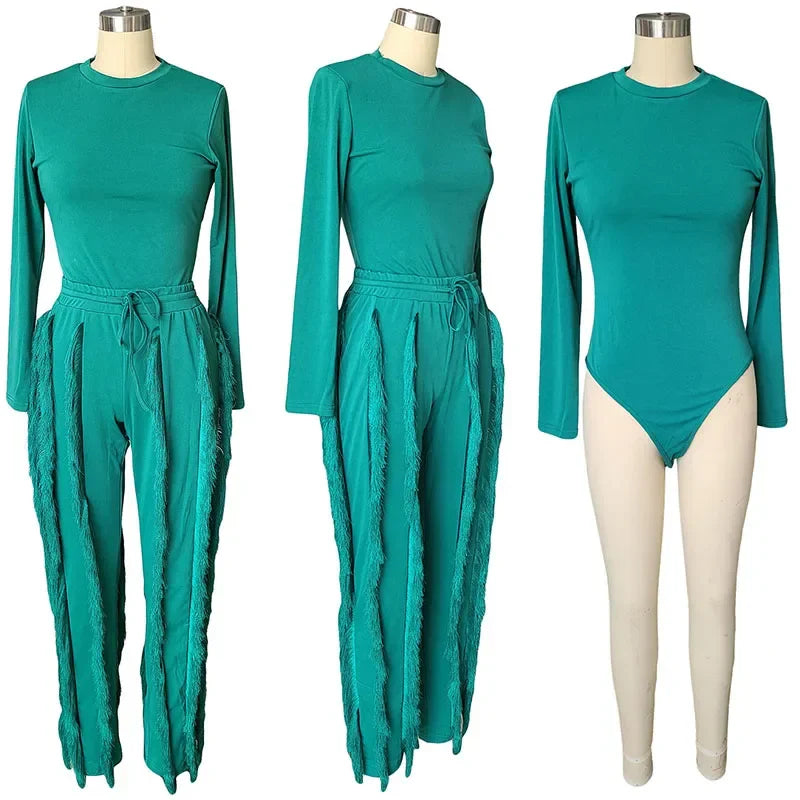 Elegant 2 Piece Women's Outfit Long Sleeve Bodysuit Top and Tassel Pants Set for Autumn Winter
