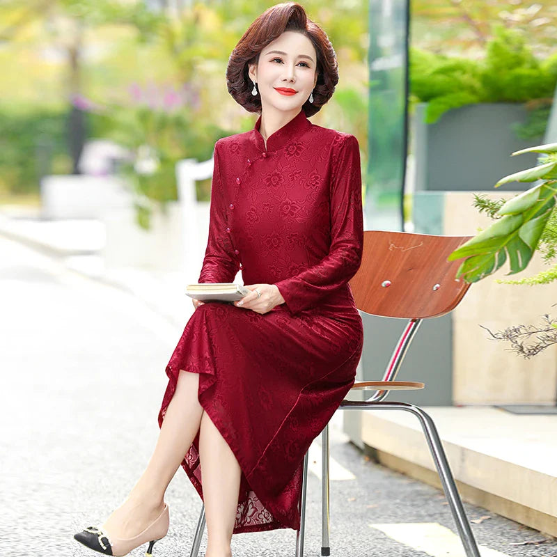 Elegant Lace Dress For Women With Qipao Collar A Line Long