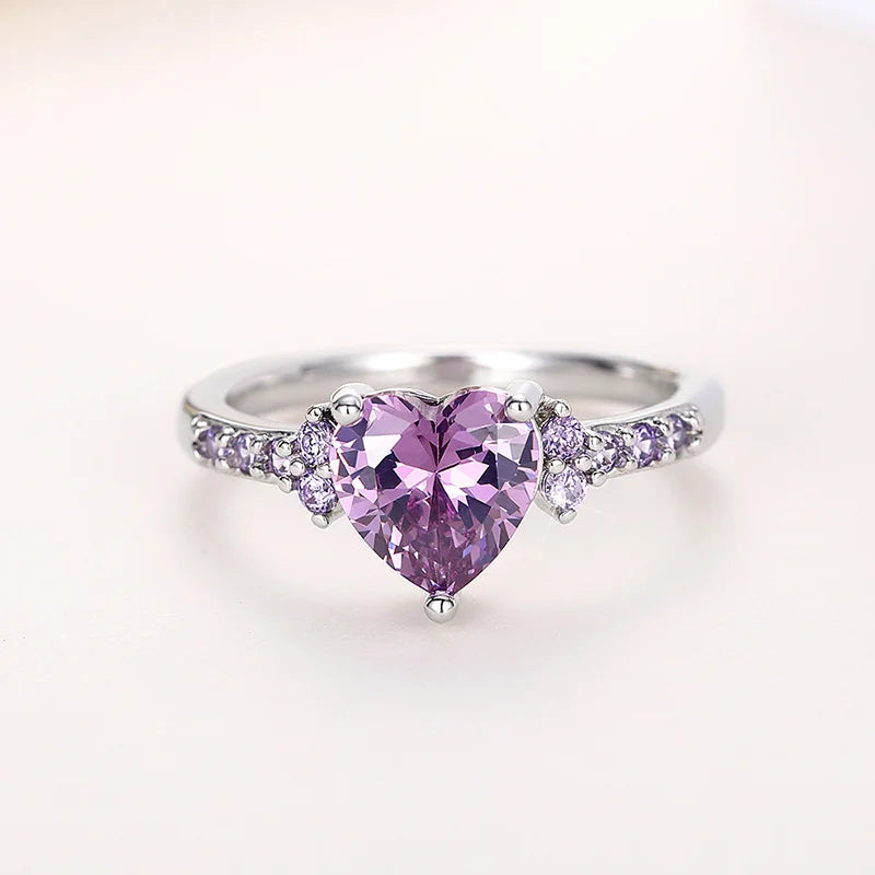 Purple Heart Cubic Zirconia Engagement Ring for Women Unique Wedding Jewelry Romantic Gift