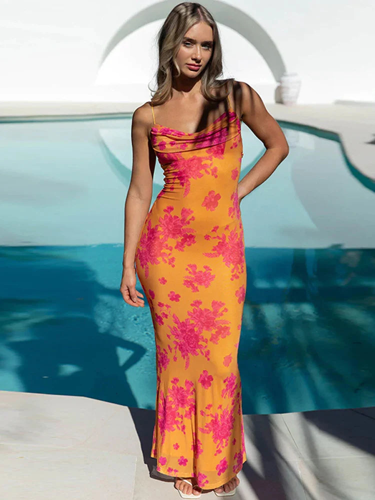 Floral Spaghetti Straps Maxi Dress Backless Evening Party