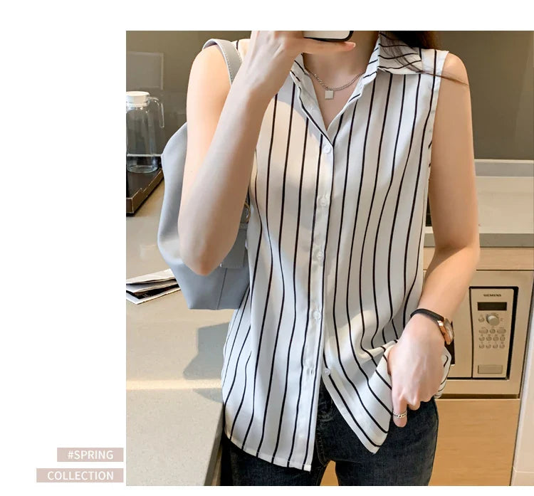 Striped Sleeveless Chiffon Blouse for Women Summer Vest Casual Lightweight Tops Basic White Shirt