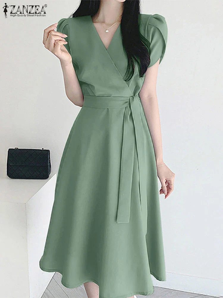 V Neck Midi Dress For Women Solid Cap Sleeve A Line