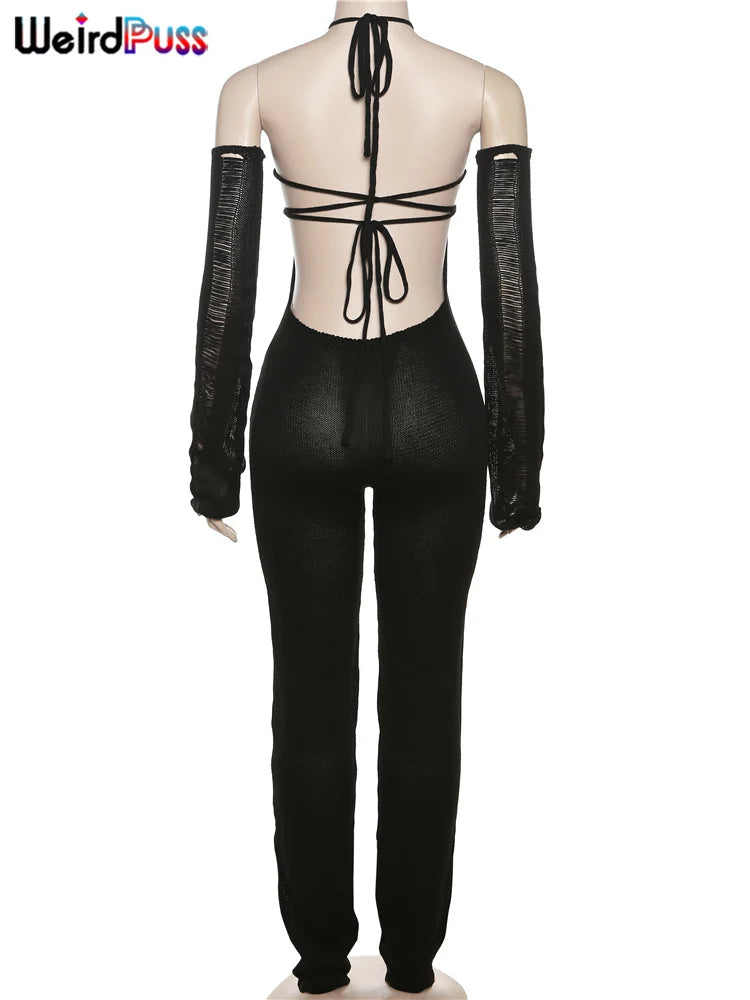 Weird Puss Bandage Knit Halter Jumpsuit with Gloves Women Stretch Sexy Backless Hollow Skinny Street Style Stacked Workout Overalls